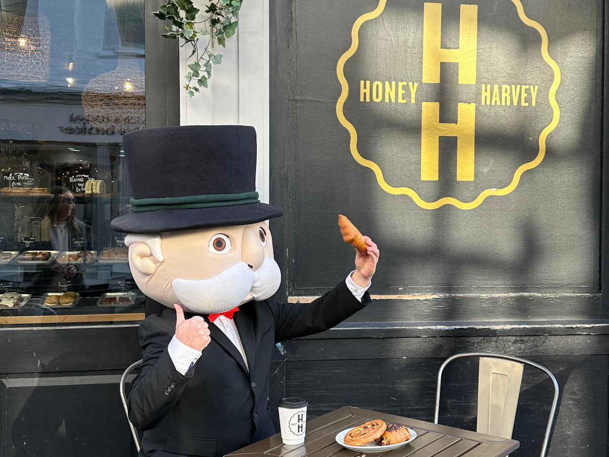 Mr Monopoly was spotted enjoying a pastry (or three) at Honey + Harvey